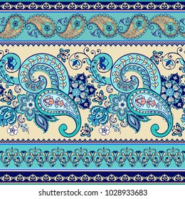Striped seamless pattern with paisley. Floral wallpaper. Decorative ornament for fabric, textile, wrapping paper. Beautiful Indian floral paisley ornament.