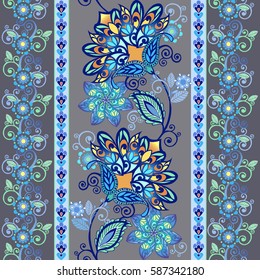 Striped seamless pattern with paisley. Floral wallpaper. Decorative ornament for fabric, textile, wrapping paper.