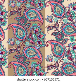 Striped seamless pattern with paisley. Floral wallpaper. Decorative ornament for fabric, textile, wrapping paper. Traditional oriental seamless paisley pattern.