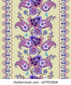 Striped seamless pattern with paisley. Floral wallpaper In pastel tones. Decorative ornament for fabric, textile, wrapping paper. Traditional oriental seamless paisley pattern.
