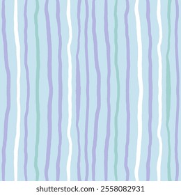 Striped seamless pattern. Pastel colours background. Blue, green and lilac wavy stripes. Hand drawn vertical lines on white backdrop.