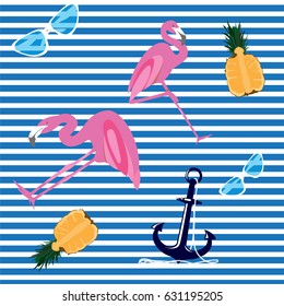 Striped seamless pattern with pineapple, flamingo, sunglasses and anchor. Vector illustration