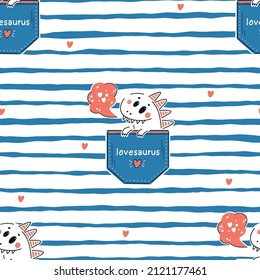 Striped Seamless pattern with Pocket Funny Happy Dinosaur "lovesaurus". Cute Cheerful Dino with Heart Speech Bubble. Cartoon Animal Vector illustration. Perfect for Kids T-shirt Design Print