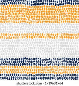 Striped seamless pattern in polka dot style. Grunge texture. Blue, gray and orange dots on a white background. Print for home textiles, wallpaper, packaging. Vector illustration.