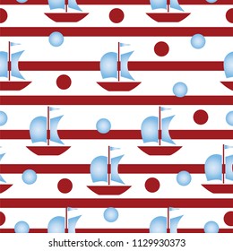 striped seamless pattern with red lines and boats - white background