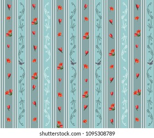 Striped seamless pattern with thin white stripes of different thicknesses, decor and red small flowers on a turquoise background. Vector for fashion prints, textiles, wallpapers, wrapping paper, tile.