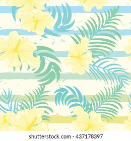 Striped seamless pattern with tropical flowers. Horizontal brush strokes repeating background. Vector illustration.