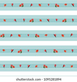 Striped seamless pattern with turquoise and white stripes of different thicknesses and red small flowers. Botanical motifs are distributed horizontally. Vector for fashion prints, textiles, wallpapers
