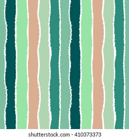 Striped seamless pattern. Vertical wide lines with torn paper effect. Shred edge band background. Green, orange, white soft colors. Vector