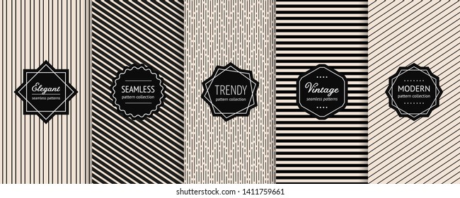 Striped seamless patterns set. Vector collection of minimalist geometric background swatches with elegant modern labels. Universal monochrome design with lines, stripes. Black and white texture