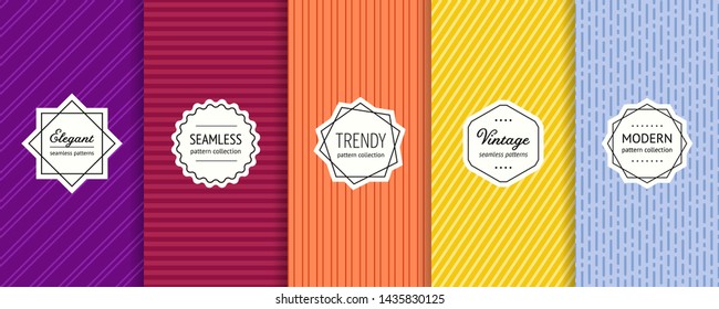 Striped seamless patterns set. Vector collection of colorful geometric background swatches with modern labels. Minimalist texture with lines, stripes. Purple, maroon, orange, yellow and blue design