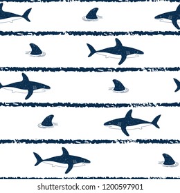 Striped seamless shark pattern. Vector sea background.