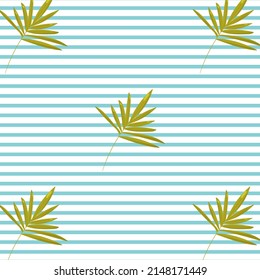Striped seamless summer pattern with green tropical leaves. Marine motif. Pattern for clothes, postcards, decorative paper and much more.