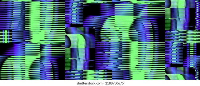 Striped seamless texture with metaverse cyberpunk concept abstraction with glitch effect in trendy green blue. Modern tech background for wall, web banner, package, textile, poster, interior. 