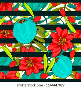 Striped seamless vector design pattern arranged from tropical flowers, fruits and leaves.All elements are isolated.	