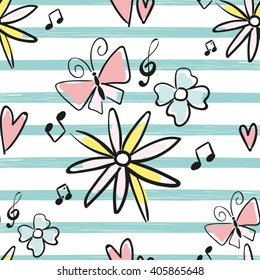 Striped Seamless Vector Pattern with Butterflies Flowers and Music Notes