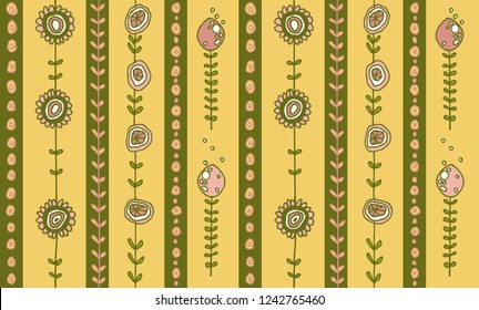 Striped seamless vector pattern with ornaments from original hand-drawn plants and flowers in gentle pastel yellow-green colors