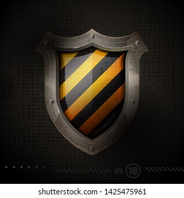 Striped security shield with metal frame and safety glass on grunge background. Realistic style. Isolated background. Network, cyber security or information protection concept for  web, icon or logo.