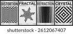Striped shape with optical illusion effect. Dynamic pattern with space distortion. Black and white cover design template. 3D illustration for brochure, postcard, poster, presentation, flyer or banner.