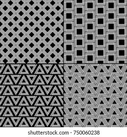 Striped shapes geometric seamless pattern set in black and white, vector