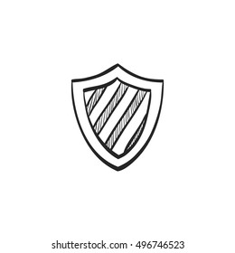 Striped shield icon in doodle sketch lines. Protection, safety, guard, computer antivirus 