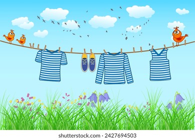 Striped shirt hang on the rope on sky and grass background.Laundry hanging on washing line on sunny day.Clear shirt and shoes drying on clothesline with clothespins and birds.Stock vector illustration