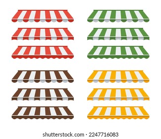 Striped shop awning, shop canopy, shelter for the store. Cafe sunshade, outdoor tent for shop, market and cafe.