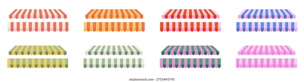 Striped shop awning and store canopy set isolated on transparent background. Colorful window awning vector collection