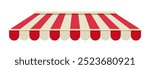 Striped shop canopy. Store or cafe sunshade awning. Red stripes on the canopy. Striped tent for cafe. Vector awning on isolated background.