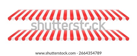 Striped shop window tent set. Store awning pattern collection. Cafe or restaurant roof canopy pack. Red and white stall market place cover. Striped sunshade design template. Vector
