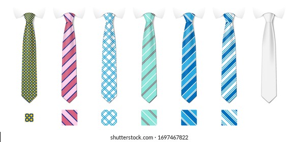 Striped silk neckties templates with textures set. Man colored tie set. Tie mockup with different fashion pattern. Vector illustration