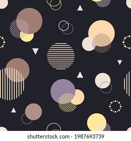 Striped and simple round shapes of different colors and sizes, triangles on a dark gray background. Seamless abstract geometry  pattern. Suitable for packaging ,textile, wallpaper.