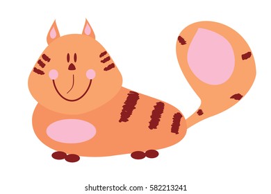 Striped smiling red cat on white background