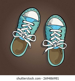 striped sneakers with white lake isolated on brown textured background, sketch, vector illustration