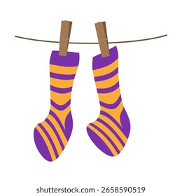 Striped socks hanging on clothesline. Cartoon vector illustration of purple and orange laundry.