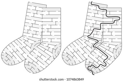 Striped socks maze for kids with a solution in black and white