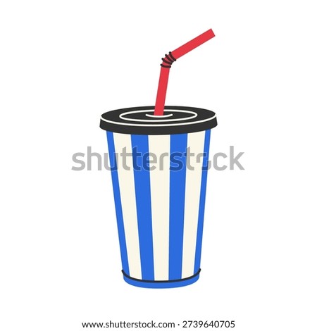 Striped soda cup with lid and straw for cinema concession, fast food drinks, takeaway menu and branding.