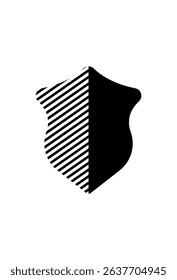 Striped and solid shield icon. represents protection or security. Divided shield insignia, half striped, half plain black