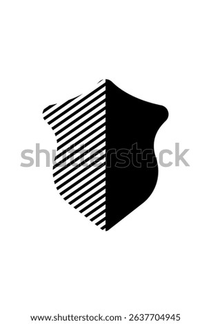 Striped and solid shield icon. represents protection or security. Divided shield insignia, half striped, half plain black