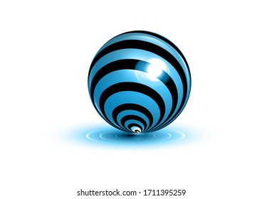 striped sphere with realistic light and shadow. Abstract 3D vector blue object logo design. Optical Art style , vector isolated on white background