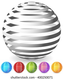 Striped spheres in 6 colors. 3d geometric orbs, balls. Generic icons, design elements.