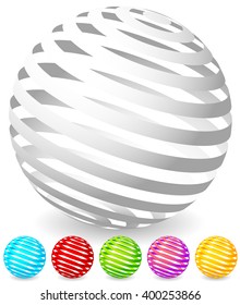 Striped spheres in 6 colors. 3d geometric orbs, balls. Generic icons, design elements.