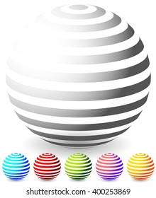 Striped spheres in 6 colors. 3d geometric orbs, balls. Generic icons, design elements.