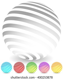 Striped spheres in 6 colors. 3d geometric orbs, balls. Generic icons, design elements.