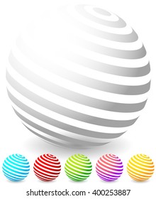 Striped spheres in 6 colors. 3d geometric orbs, balls. Generic icons, design elements.