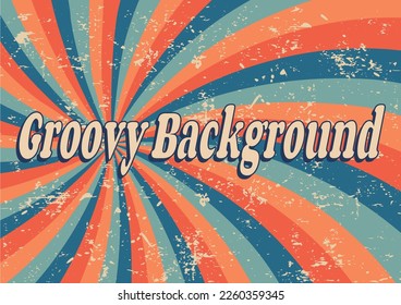 Striped spiral psychedelic groovy background, wavy banner, vector abstract old fashioned art in 1970s groovy style with scuffed texture.