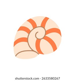 Striped spiral shell resembling a nautilus, in white and orange