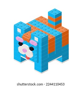 Striped square cat, a toy assembled from plastic blocks and isometric bricks. vector clipart