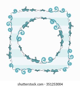 Striped square frame with waves and paper boats in a retro style. Vector illustration.