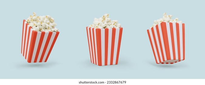 Striped square paper box with popcorn. Set of color realistic images. Classic fast food for cinema, movie. Snacks with different flavors. Vector image with shadows